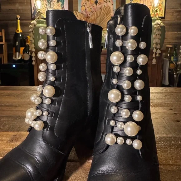 Zara Black Leather and Pearl Ankle Boots - Picture 3 of 5